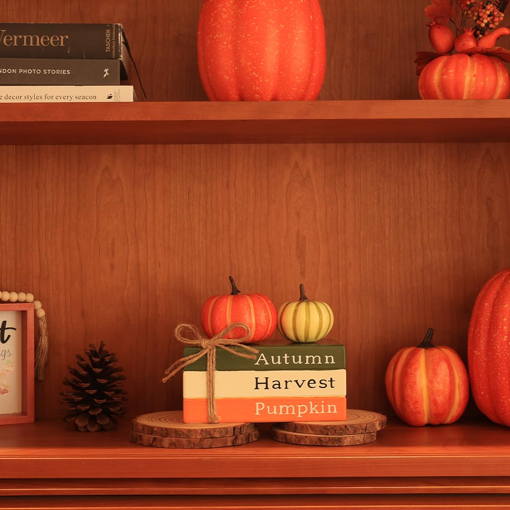 DECSPAS Fall Decorations for Home, Autumn Harvest Wooden Stacked Books Sign with Pumpkins & Bow for Fall Decor, Thanksgiving Tab