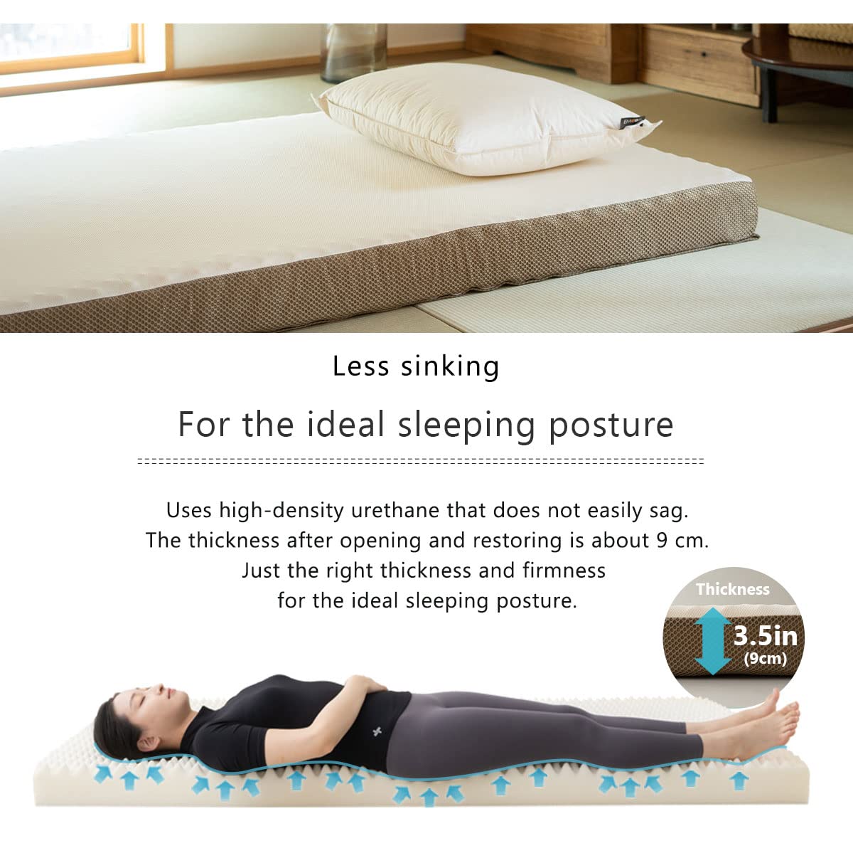 Emoor Roll-Type Floor Futon Mattress Relax Twin, Egg Crate Foam Pressure-Distribution Removable & Washable Cover Guest Use Japan