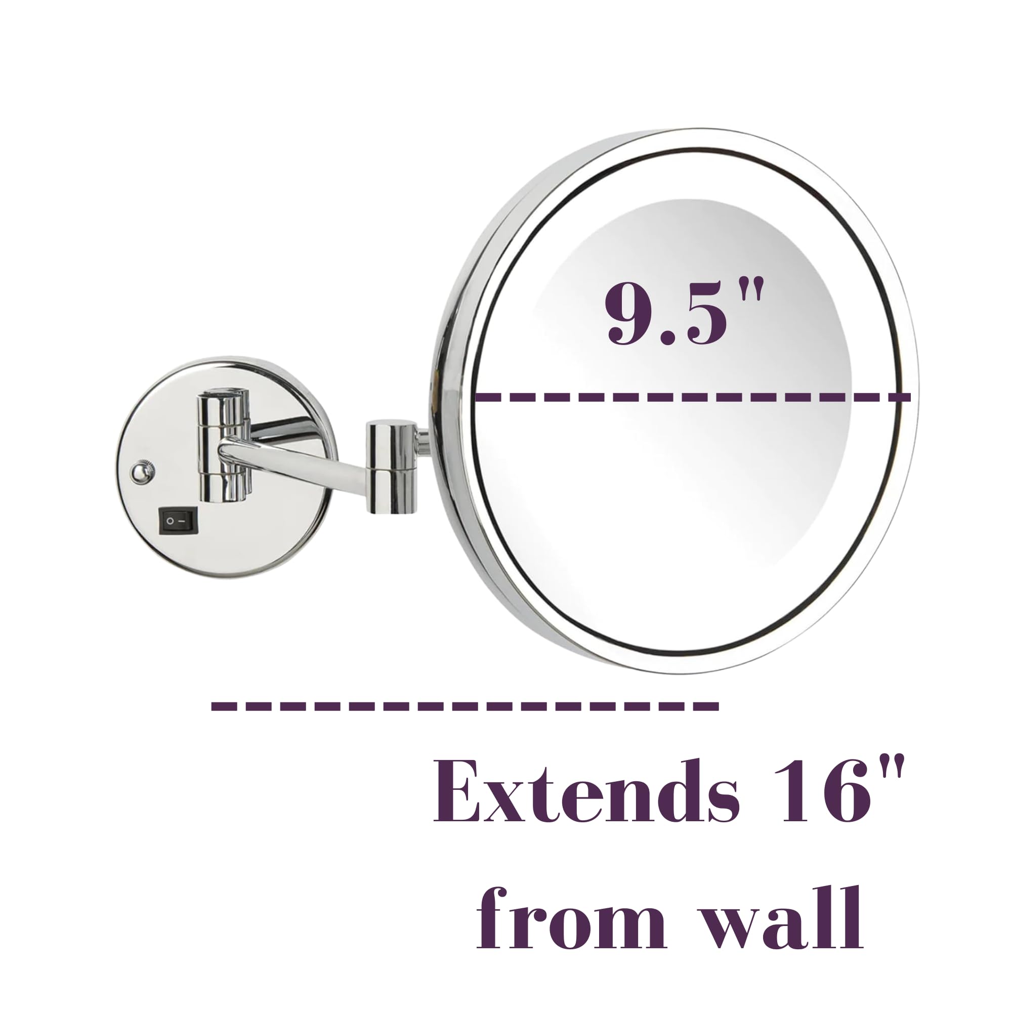 JERDON Lighted Wall-Mounted Makeup Mirror - Makeup Mirror with 5X Magnification & Wall-Mount Arm - 9.5-Inch Diameter Mirror with Chrome Finish Wall Mount - Direct Wire - Model HL1016CLD