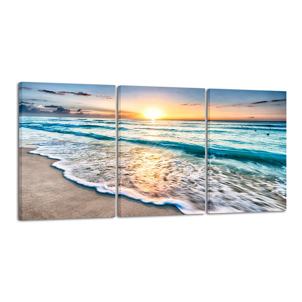 Wieco Art 3 Panels Blue Beach Sunrise White Wave Pictures On Canvas Wall Art Modern Stretched And Framed Seascape Canvas Prints