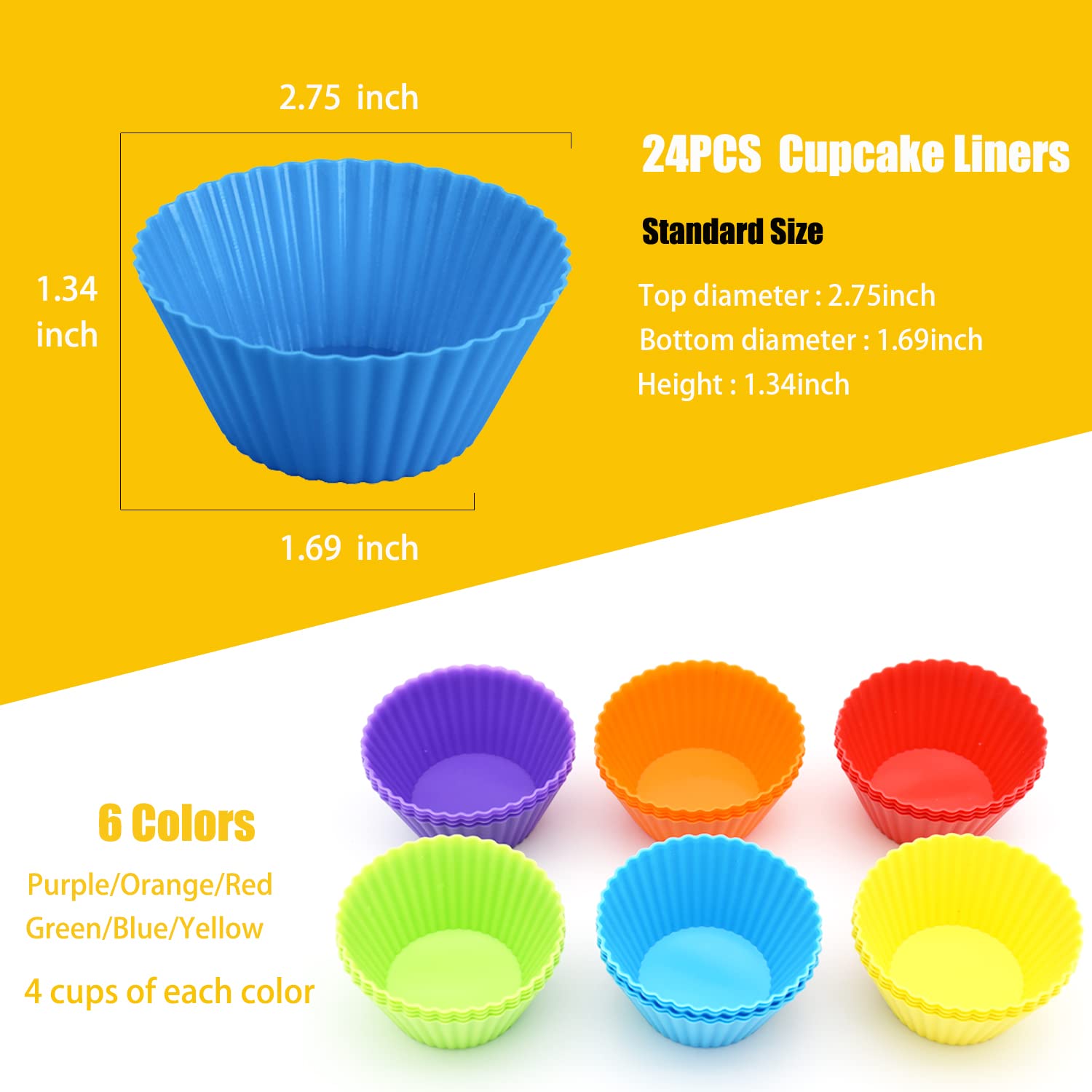 Silicone Cupcake Baking Cups 24 Pack, Reusable & Non-Stick Muffin Cupcake Liners Holders Set For Party Halloween Christmas, Easy