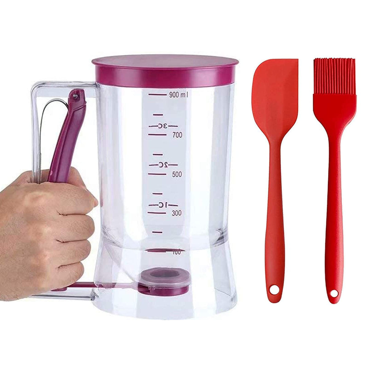 4 Cup Pancake Cupcake Batter Dispense, 900Ml Pancake Dispenser For Batter With Measuring Label Squeeze Handle Bracket And Silico