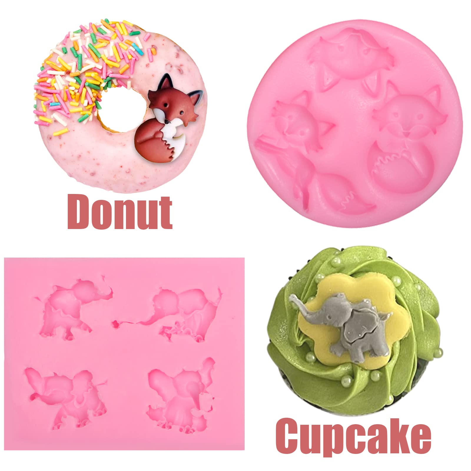 Elephant Silicone Chocolate Molds, 4 Pcs Cut Cat Foxes Animals Fondant Molds For Baby Shower Cake Decoration Candy Cupcake Toppe