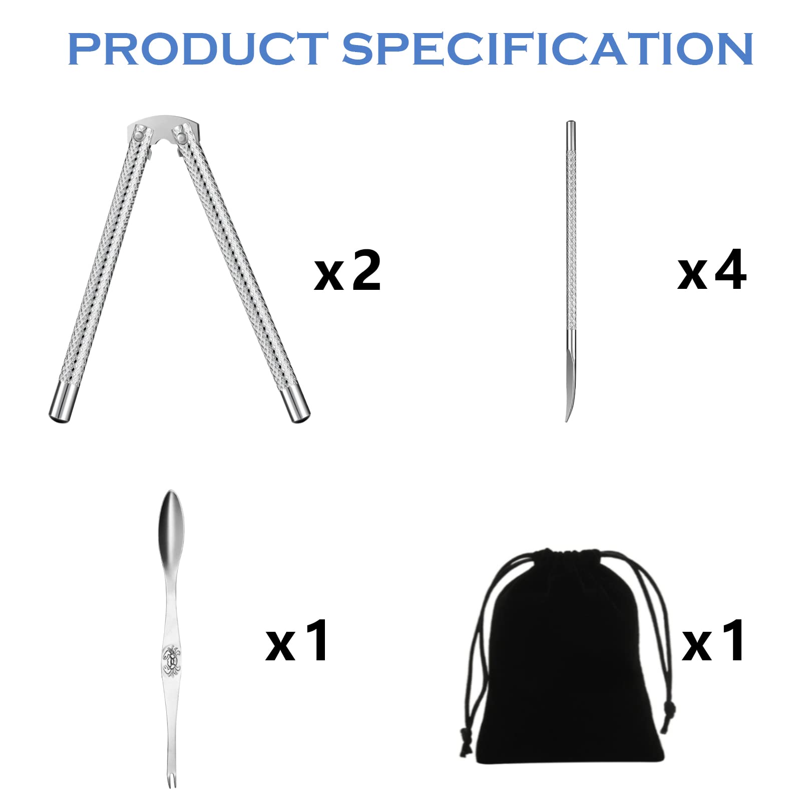 Artcome 8 Pcs Nutcracker Stainless Steel Nut Cracker Set - 2 Nut Cracker, 4 Picks, 1 Wide Crab Fork And 1 Storage Bag