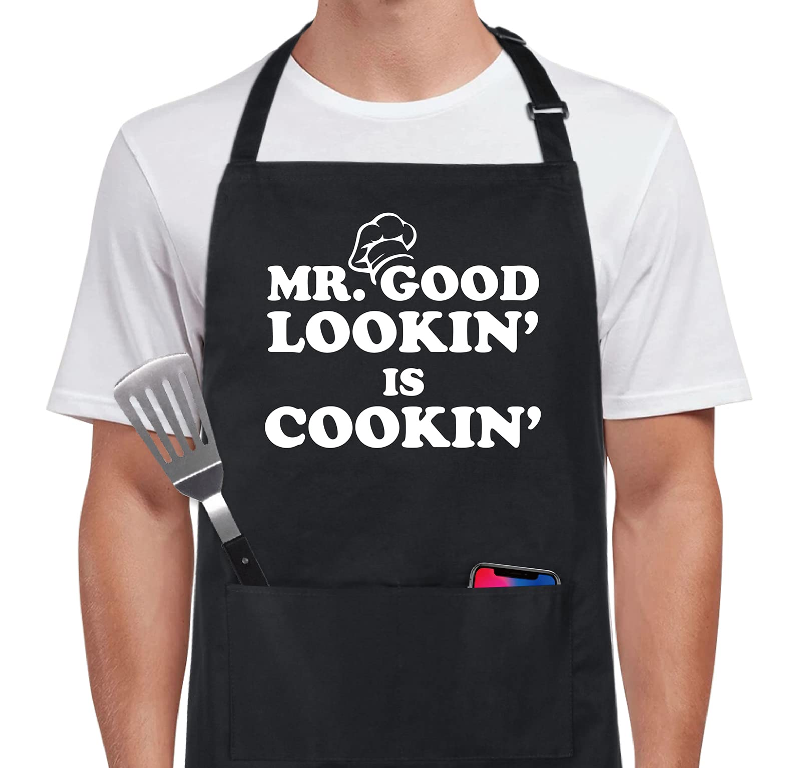 Xornis 100% Cotton Funny Aprons For Men Mr. Good Looking Is Cooking Kitchen Grill Bbq Adjustable Bib Aprons With 2 Pockets Gifts