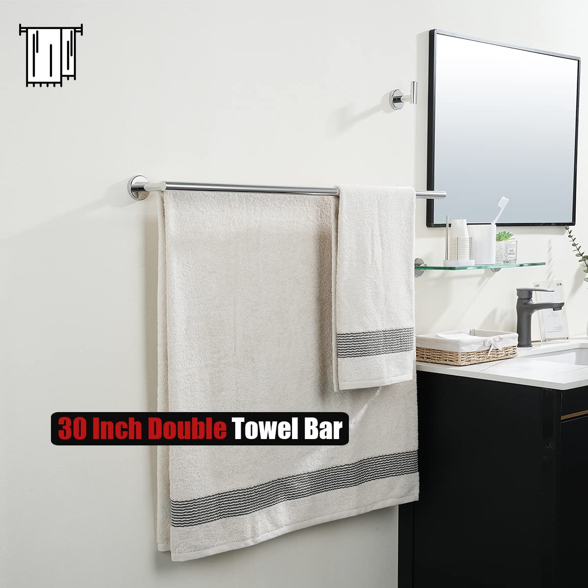 JQK Double Bath Towel Bar  30 Inch 304 Stainless Steel Thicken 0.8mm Towel Rack for Bathroom  Towel Holder Polished Chrome Wall Mount  33 in Total Length 2 Pack  TB100L30-CH-P2