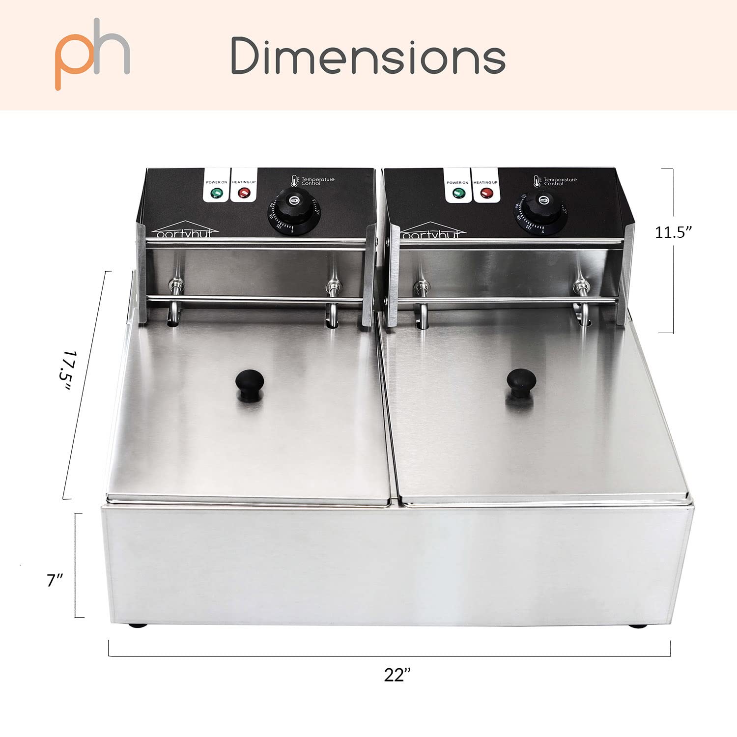 Partyhut 12 Liter/12.6 Quart Dual-Tank Commercial Deep Fryer Machine, Double Basins Large Capacity Stainless Steel Countertop Fr