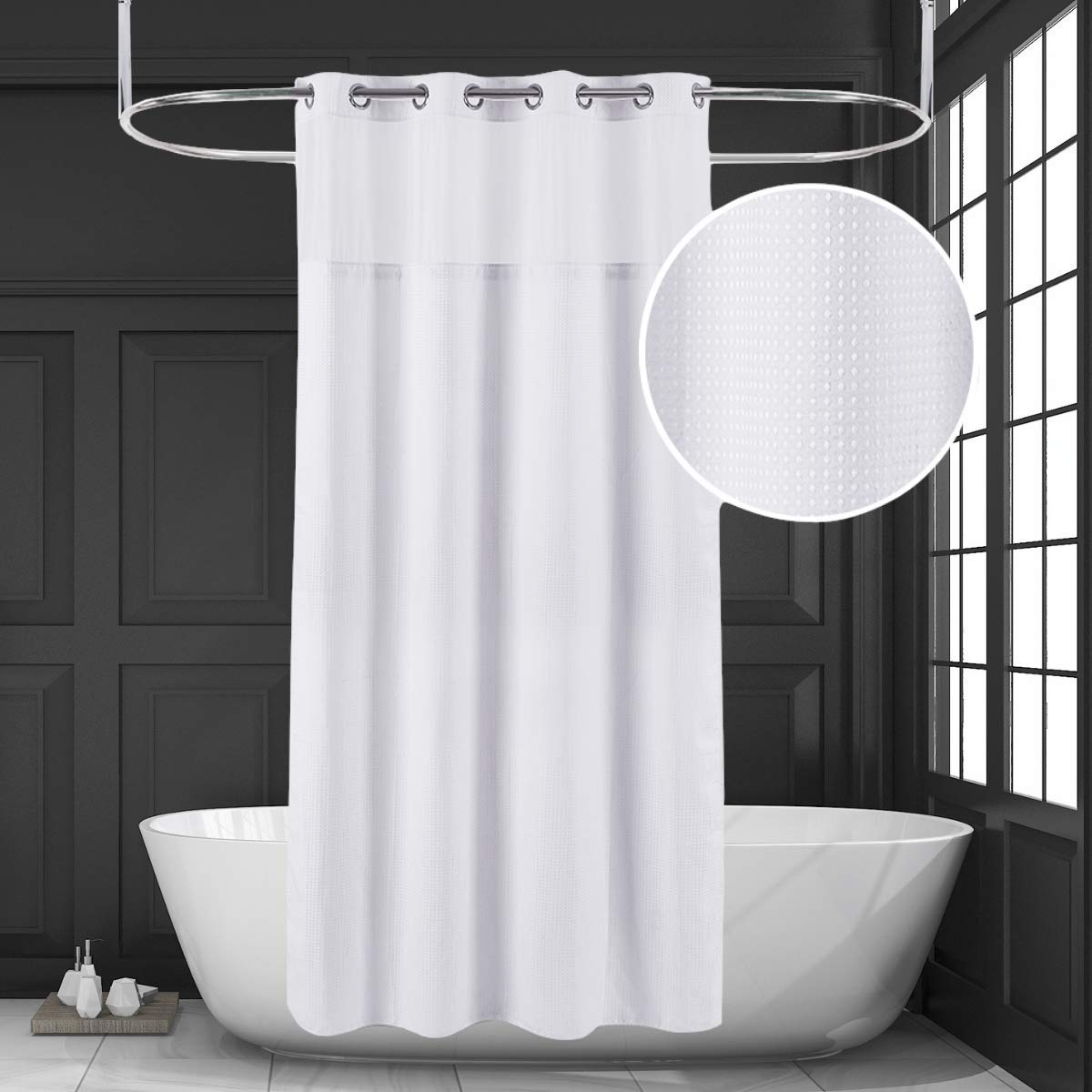 Ecoehoe 71X86 White Waffle Weave Fabric No Hooks Shower Curtain With Removable Polyeste Liner - Heavy Duty Bath Curtain With See