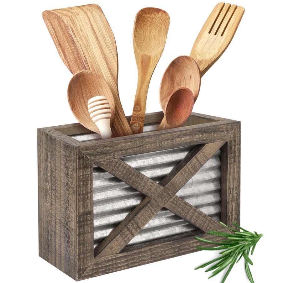Autumn Alley Barn Door Rustic Kitchen Utensil Holder- Farmhouse Wooden Kitchen Utensil Holder- Galvanized Accents- Rustic Kitche