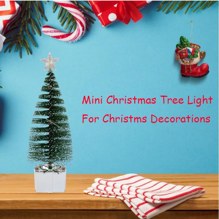 Sliver Gift Base Mini Artificial Christmas Tree with Colorful LED String Lights and Star, Tabletop Small Xmas Tree for DIY Holid