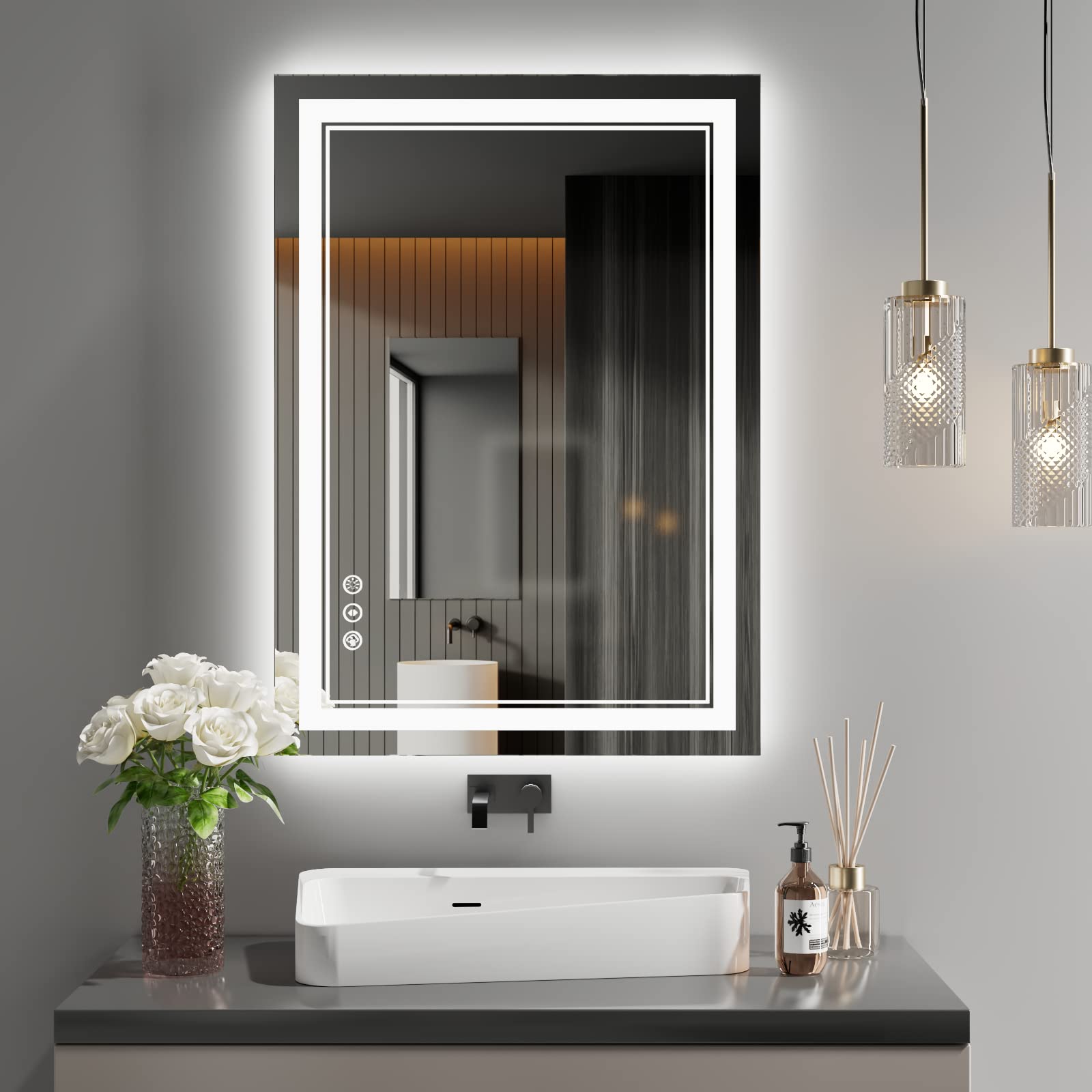 Istripmf Led Mirror 20''X28'' With Front And Backlit,Dimmable Led Lighted Vanity Mirror Bathrooom Wall,Memory Shatterproof Anti