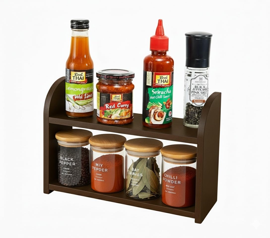 Firebees 2Tier Wooden Spice Rack Organizer For Kitchen Counter, Countertop Storage Stand For Masala, Seasoning Bottles,Kitchen 
