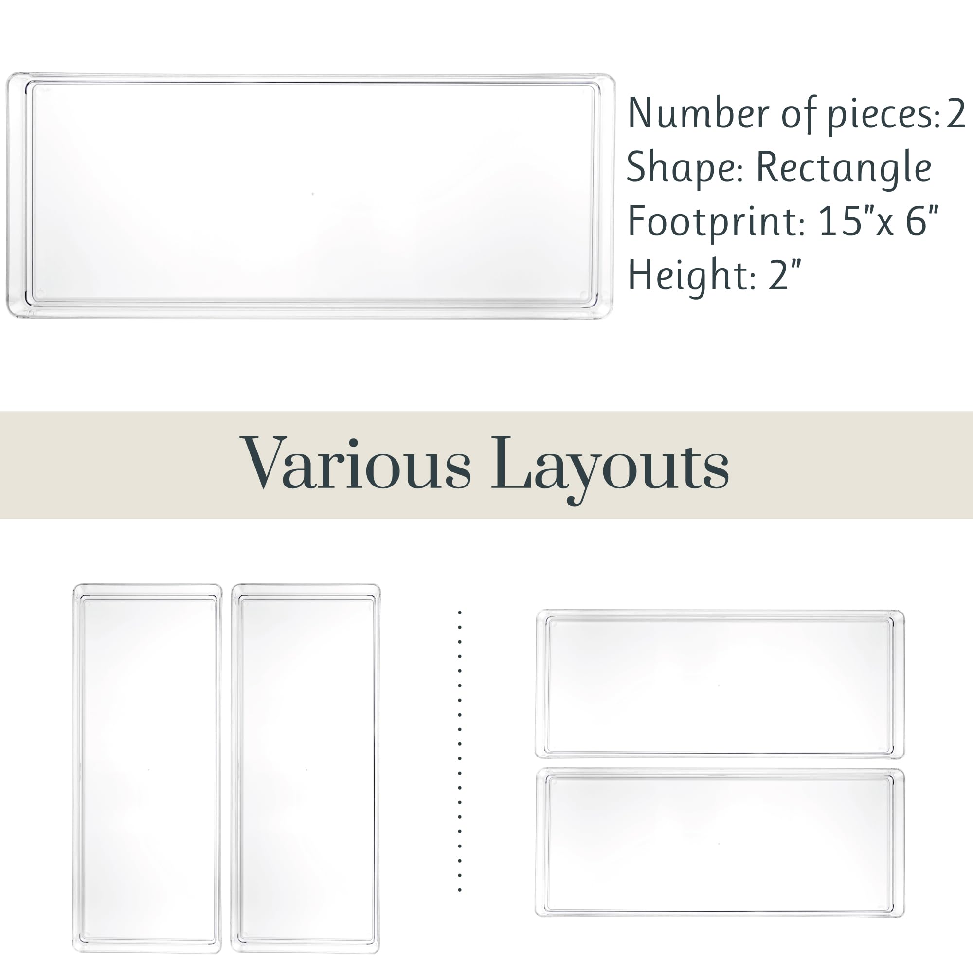 STORi SimpleSort 2-Piece Stackable Clear Drawer Organizer Set | 15 '' x 6 '' x 2 '' Rectangle Trays | Wide Makeup Vanity Storage