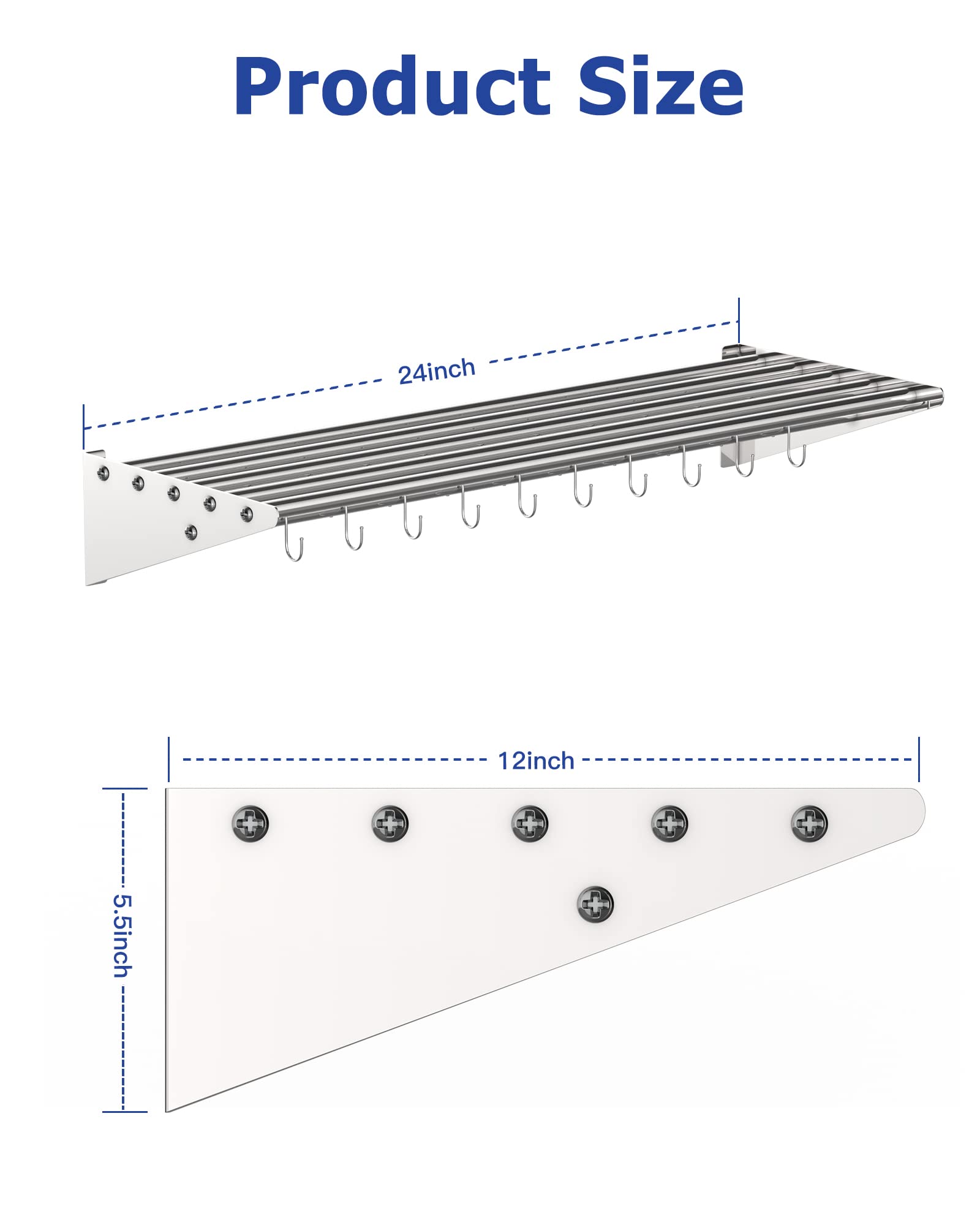 Riedhoff Metal Kitchen Rack For Storage And Organization, [Nsf Certified] 12'' X 24'' Stainless Steel Wall Mount Shelf With 10 S