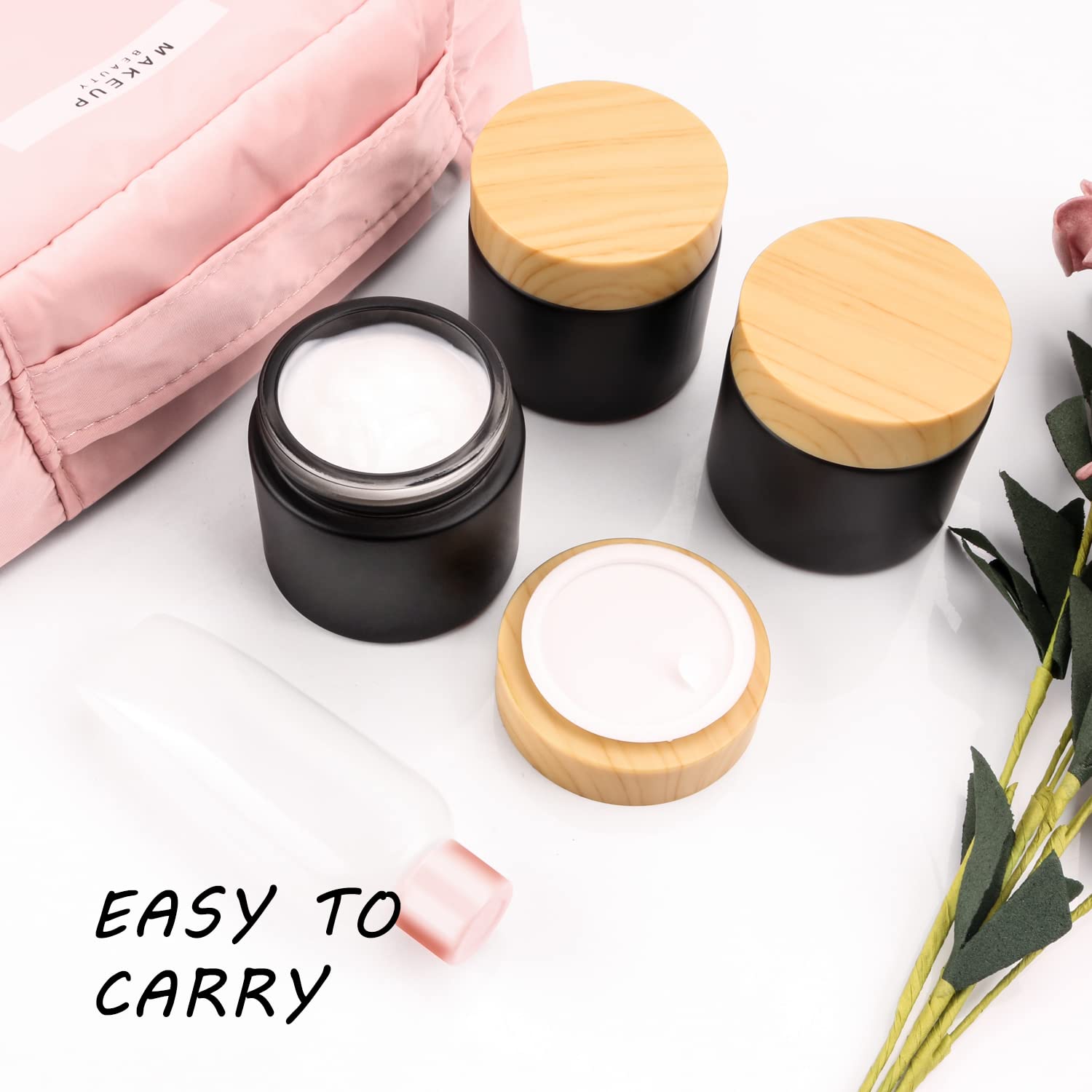 4 Pack 2 Oz Black Glass Cream Jar,Empty Frosted Sample Jar Pot With Plastic Lids,Inner Liner Travel Storage Jar Container For Lo