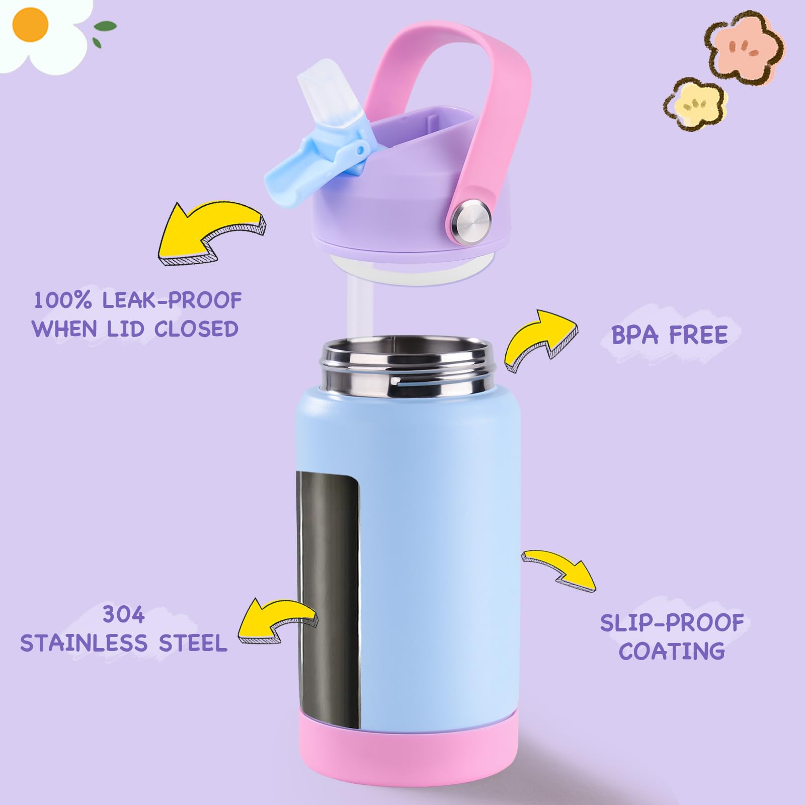 Kerilyn 12oz Kids Water Bottle, Stainless Steel Insulated Water Bottle for Kids, Toddler Cup with Straws Leak-Proof, Toddler Wat
