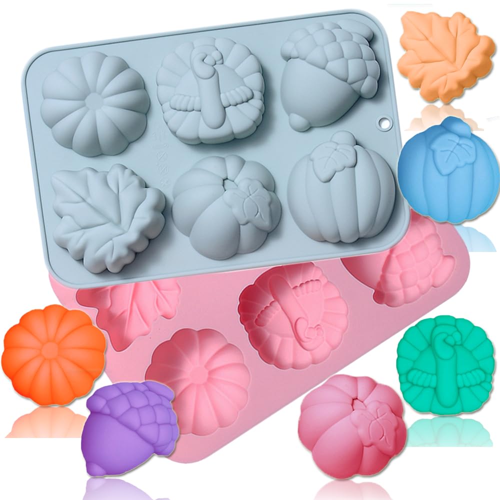 Ourashero 2 Pack Fall Thanksgiving Chocolate Molds Autumn Pumpkin Maple Leaves Acorn Turkey Silicone Molds Fall Candy Resin Baki