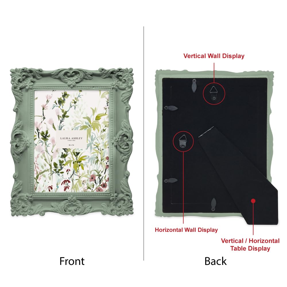 Laura Ashley 5x7 Matt Rosemary Ornate Textured Hand-Crafted Resin Picture Frame with Easel, for Tabletop & Wall Display, Decorat