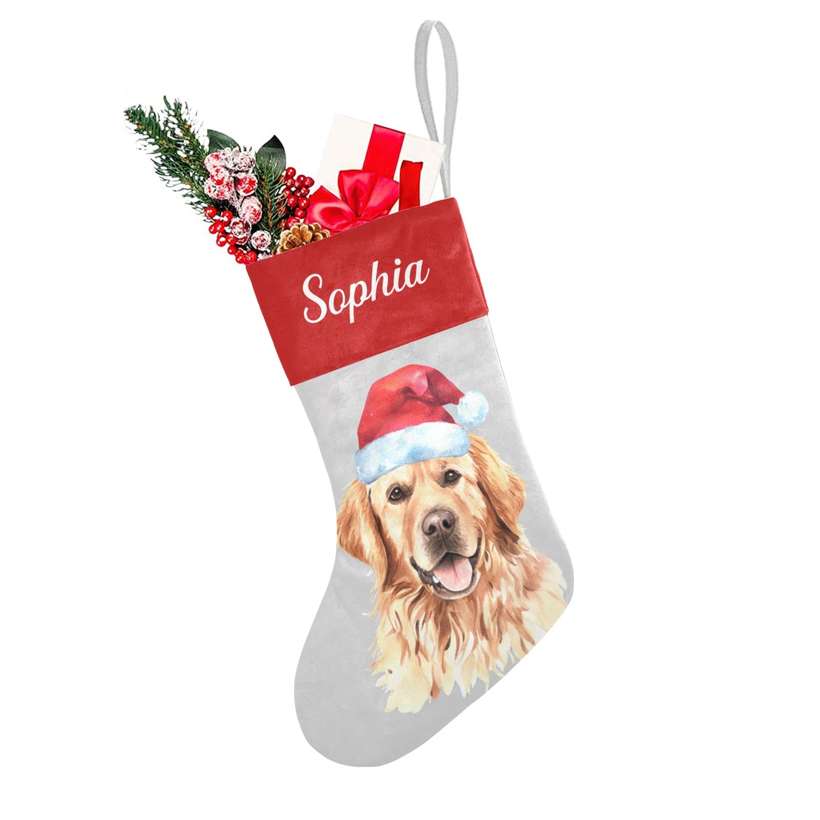 Personalized Santa Hat Golden Retriever Christmas Stockings with Name Custom Xmas Gift Fleece Holiday Decoration Gift 17.52 x 7.