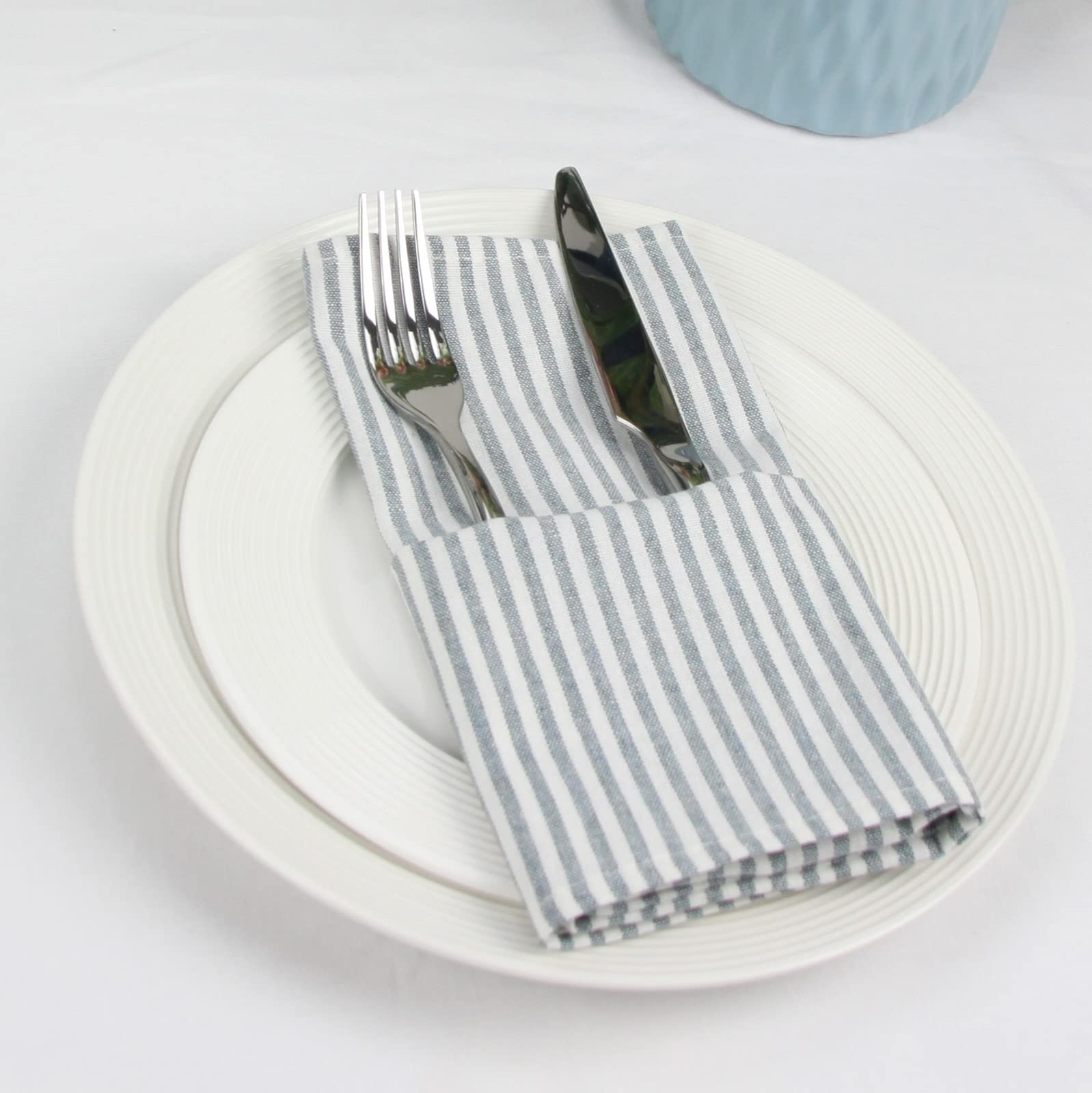 Infei Plain Striped Cotton Linen Blended Dinner Cloth Napkins - Set Of 12 (17 X 17 Inches) - For Events & Home Use (Ocean)