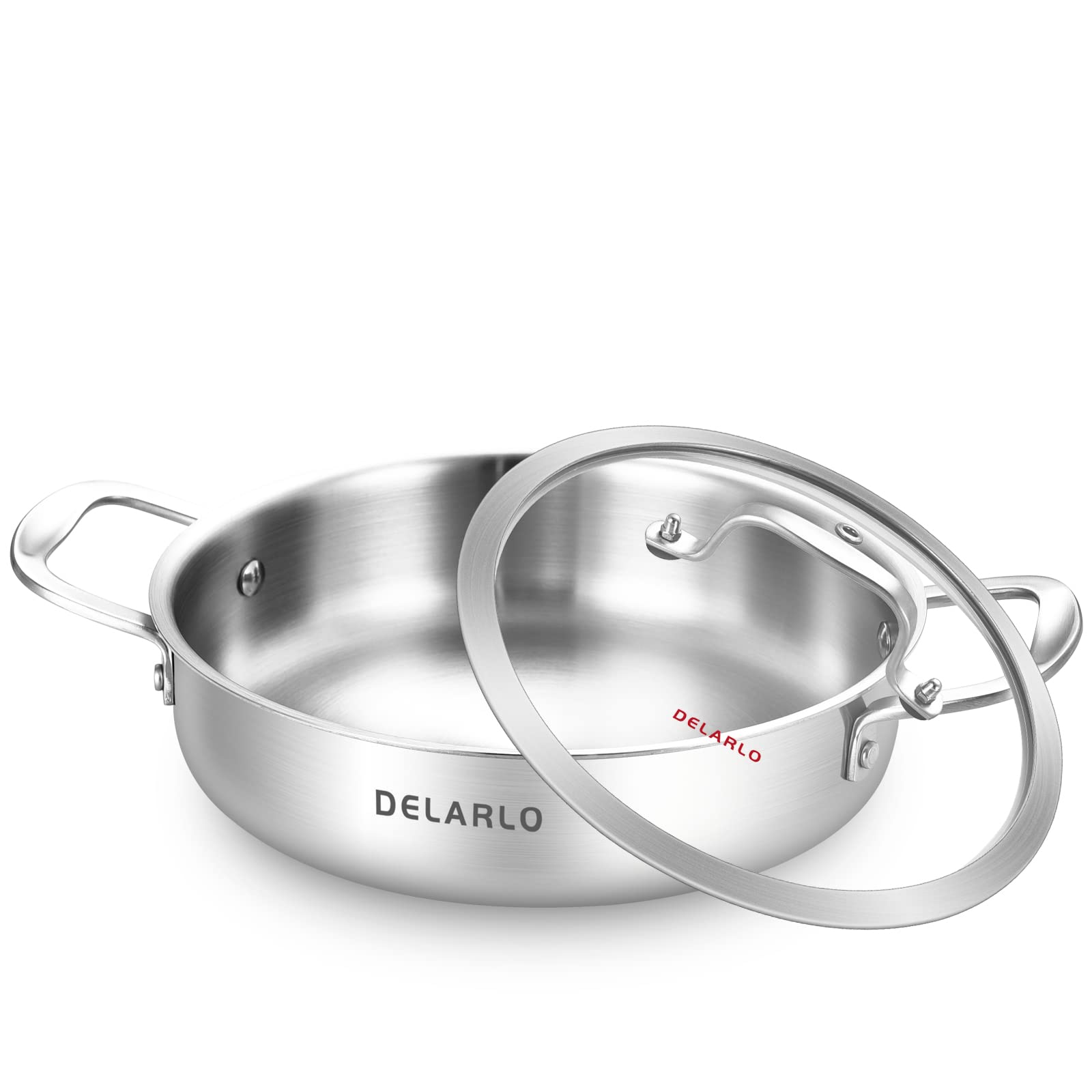Delarlo Tri-Ply Stainless Steel Saute Pan With Lid 3 Quarts Kitchen Frying PanSkillets Induction Compatible Chef Cooking Pan Dis
