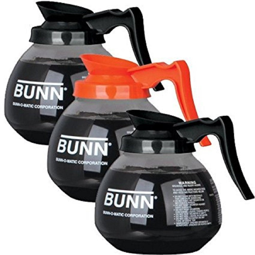Bunn Coffee Pot Decanter/Carafe, 2 Black Regular And 1 Orange Decaf, 12 Cup Capacity, Set Of 3, Original Version