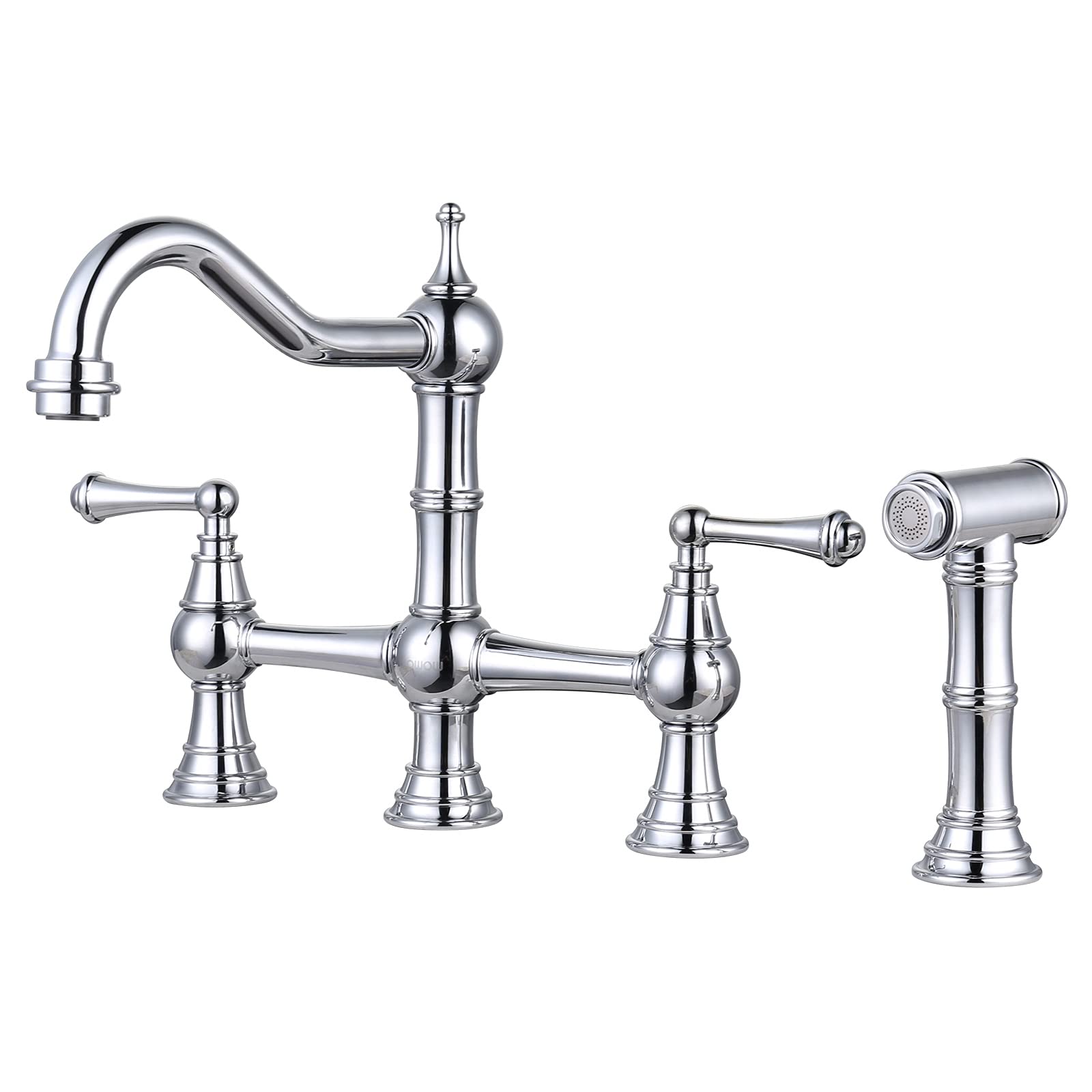 Wowow 4 Hole Kitchen Faucet With Sprayer, 8 Inch Centerset Brass Bridge Kitchen Faucet 2 Handle With Side Sprayer, Vintage Farmh