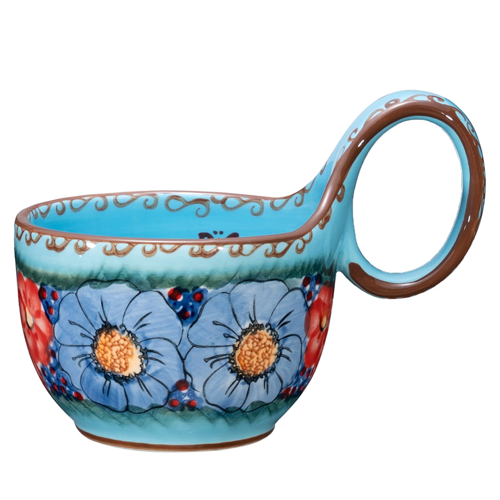 silesia 16 OZ Polish Style Hand Painted Ceramic Soup Mug Bowl, Glazed Blue
