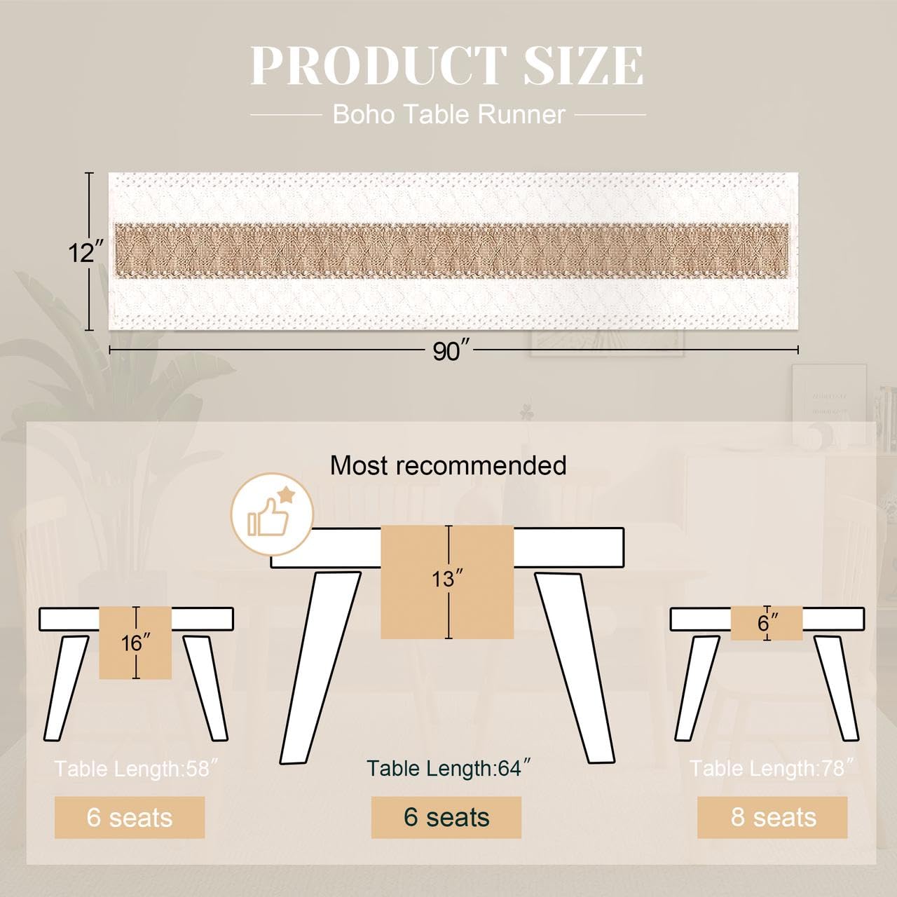 FEXIA Boho Table Runner for Home Decor with Out Tassels 90 Inches Long Farmhouse Rustic Table Runner Macrame Burlap Table Decora
