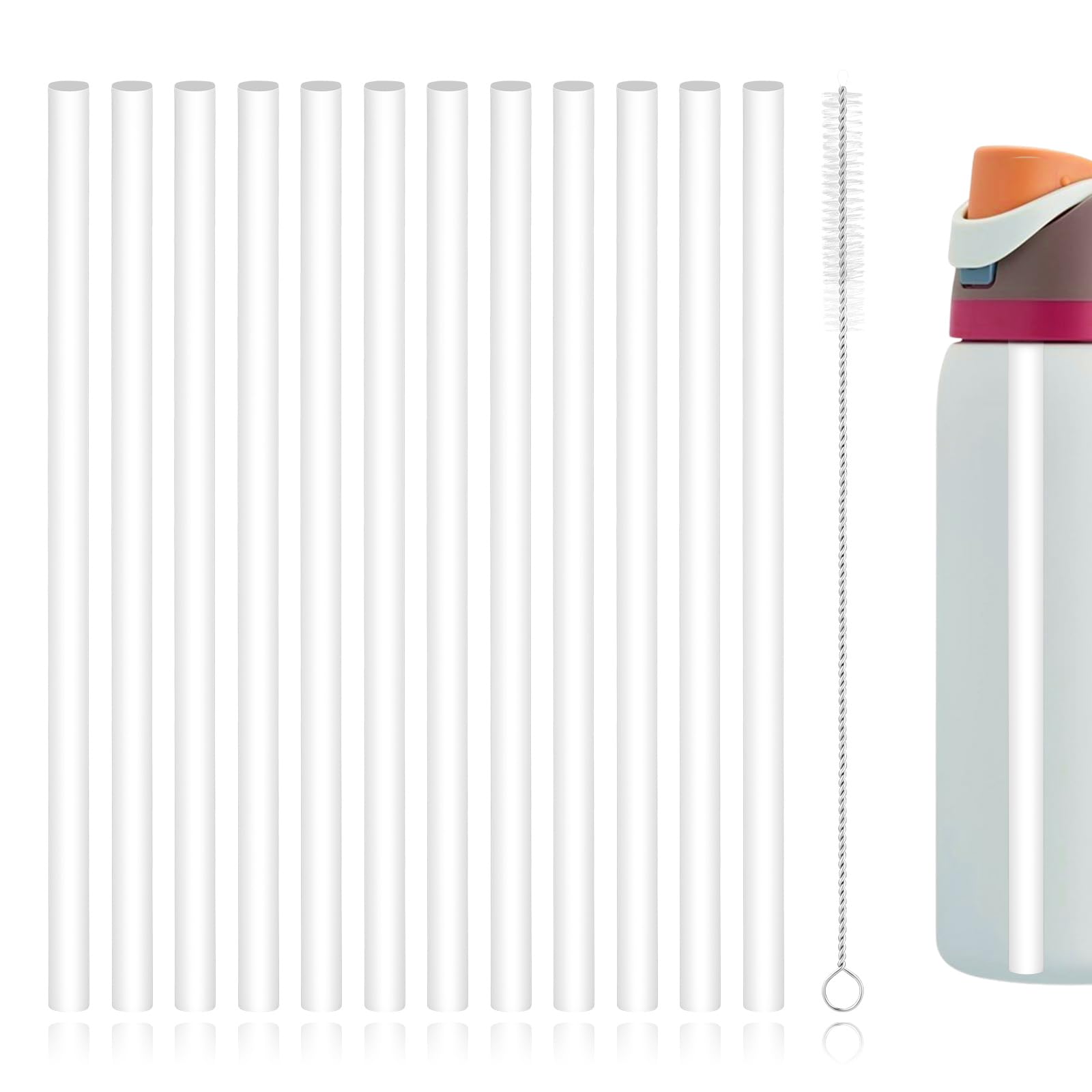 12pcs Replacement Straws for Owala, Reusable Plastic Straws with Cleaning Brush for Owala Water Bottle 24 oz 32 oz (White)