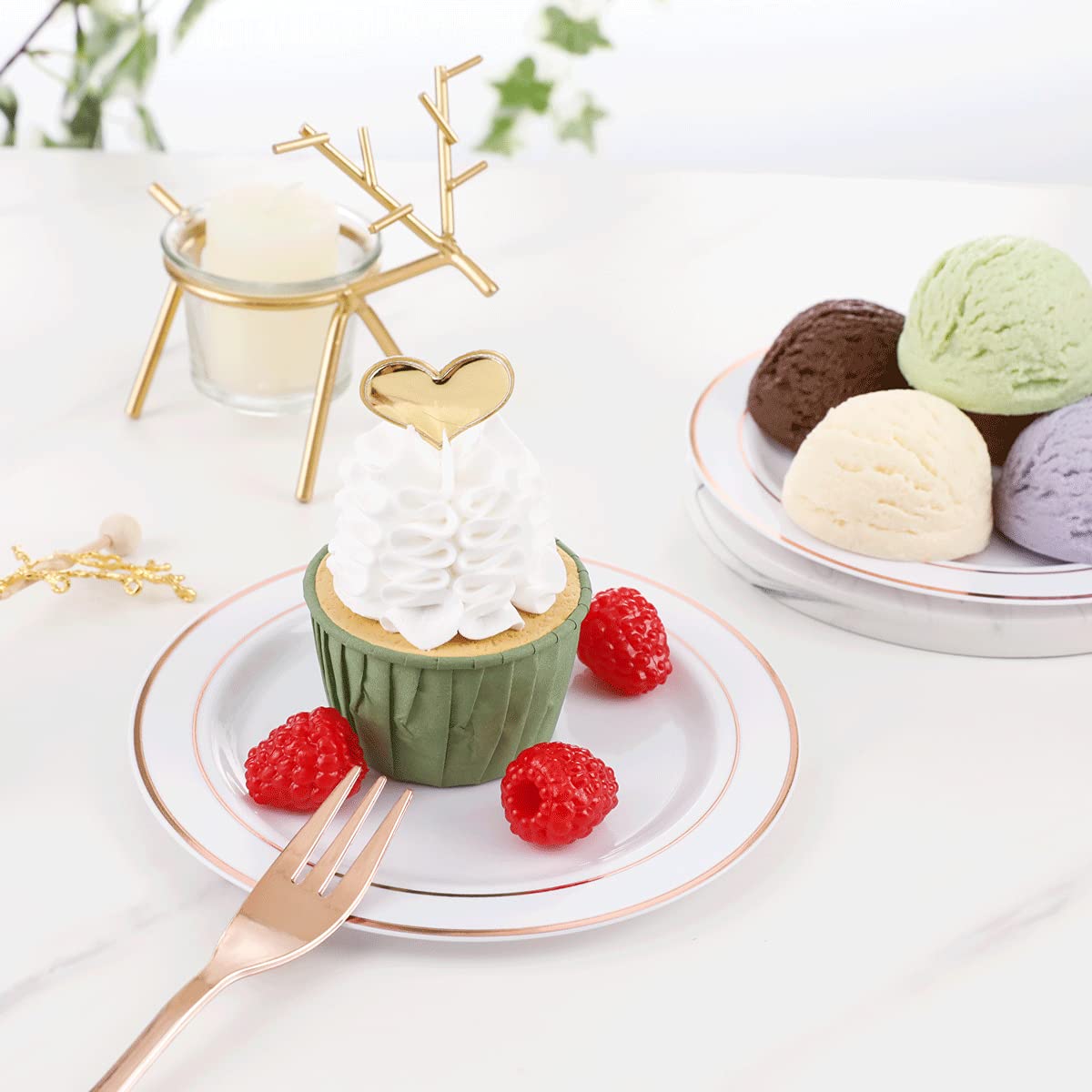 Wellife 240 Pieces Rose Gold Plastic Dessert Plates With Disposable Forks, Includes 120 Pcs Appetizers Plates 6.5 Inch, 120 Pcs