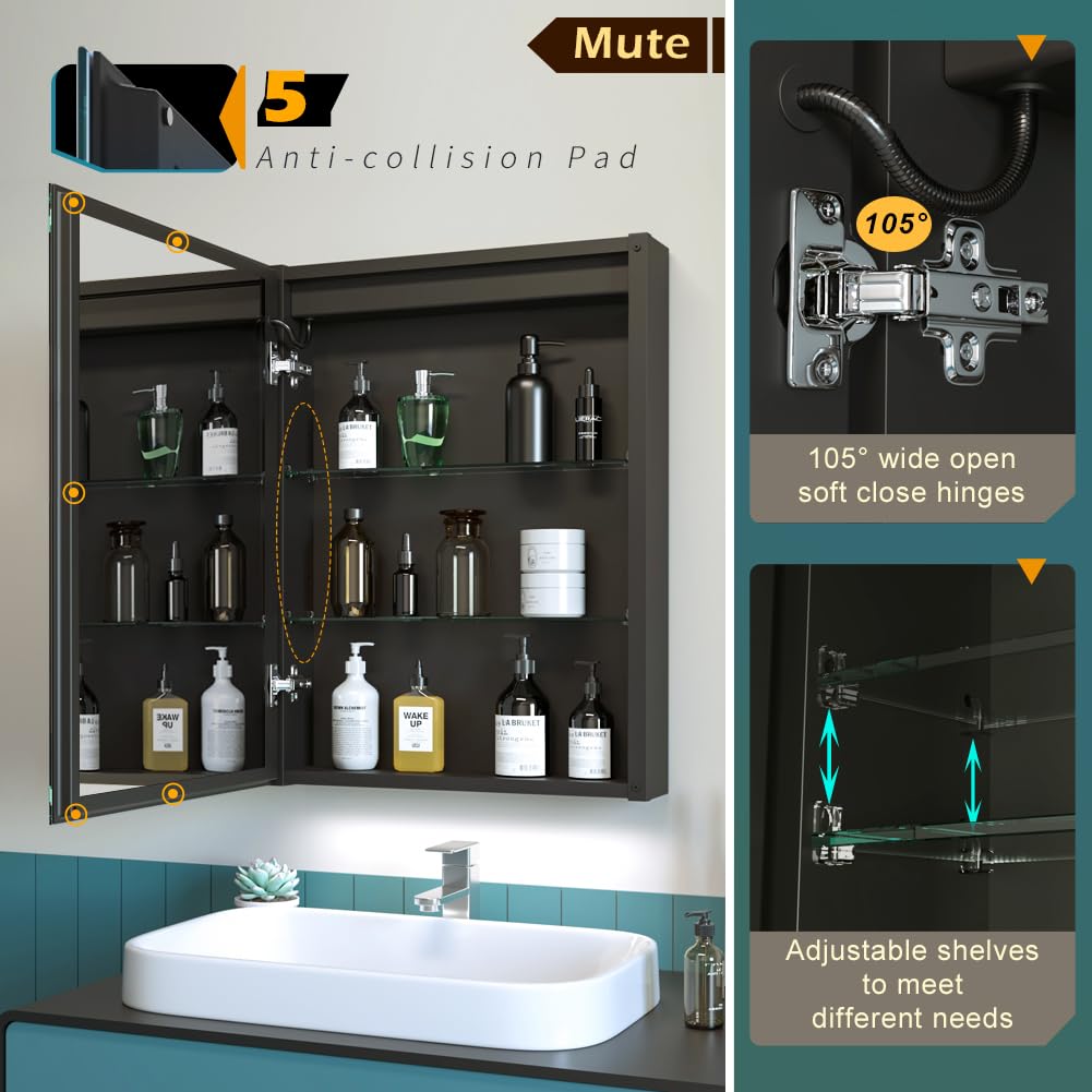 Kww 20 X 28 Inch Led Lighted Bathroom Medicine Cabinet With Sockets & Usbs, Defogger, Dimmable, 3 Color Light Makeup Mirror, Eas