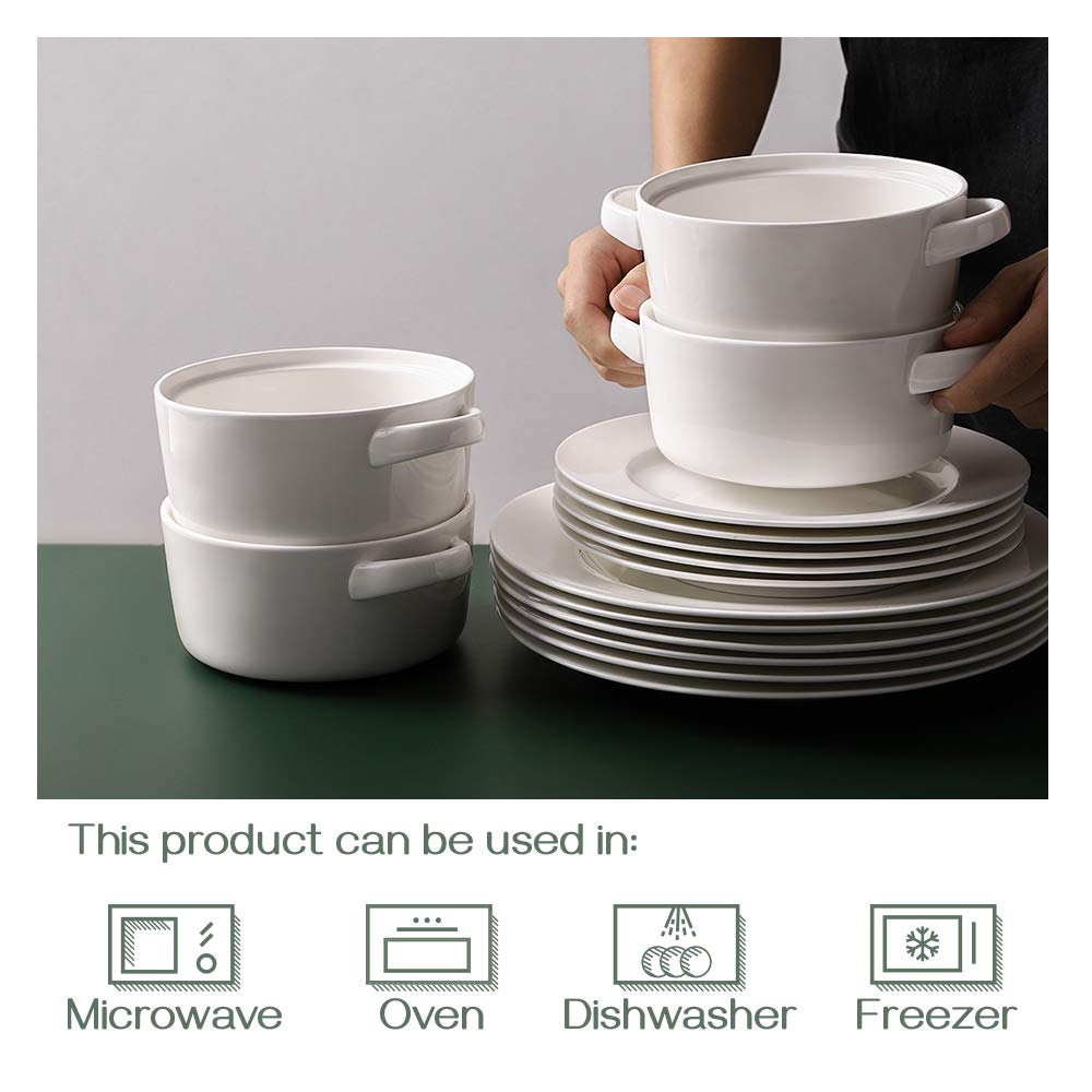 DOWAN Soup Bowls with Handles  24 ounces Ceramic Cereal Bowl Set for kitchen  White French Onion Soup Crocks  Microwave Oven Safe  Stackable Soup Mug for Soup  Cereal  Stew  Chilli Set of 4