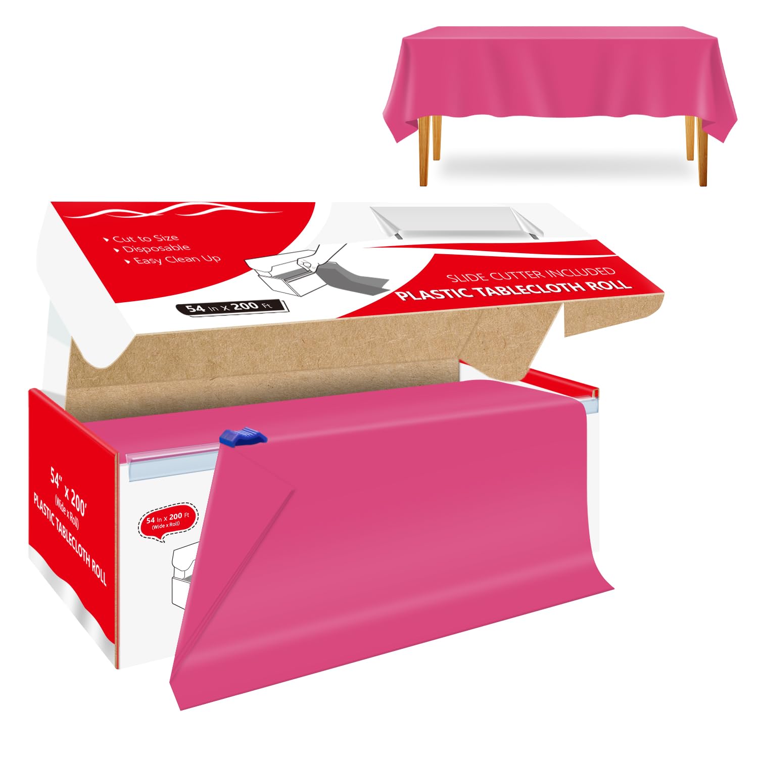 Xnluothsk 54 Inch x 200 Feet Hot Pink Plastic Tablecloth Roll Cut to Size Disposable Table Cover with Cutter Box Plastic Table C