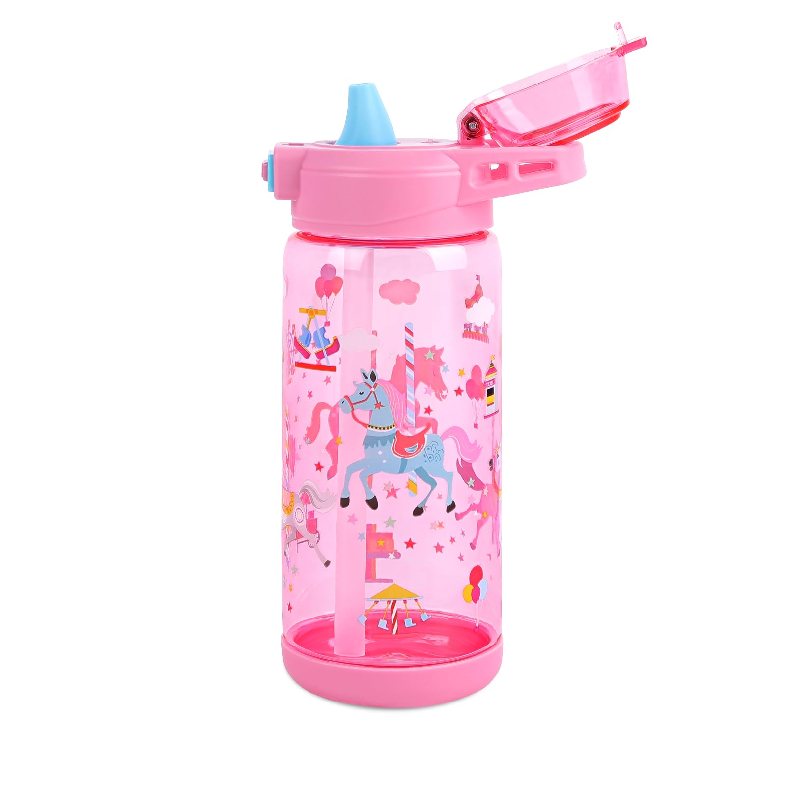Queenshin Cute Water Bottles for Girls Leak Proof with Straw, Pop-Up Spout Cover and Carry Handle, Pink Carousel Water Cup for K