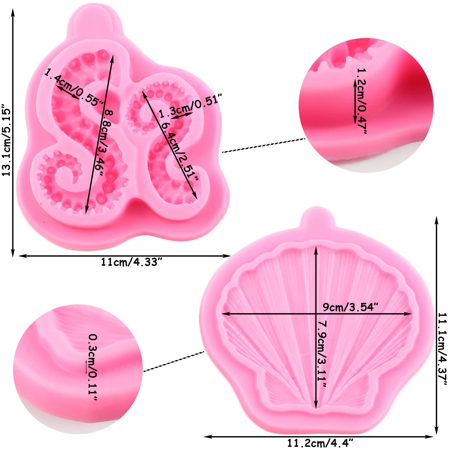 Mujiang 3D Tentacles Octopus Silicone Mold Clam Shell Fondant Molds For Cake Decorating Chocolate Candy Clay Set Of 2