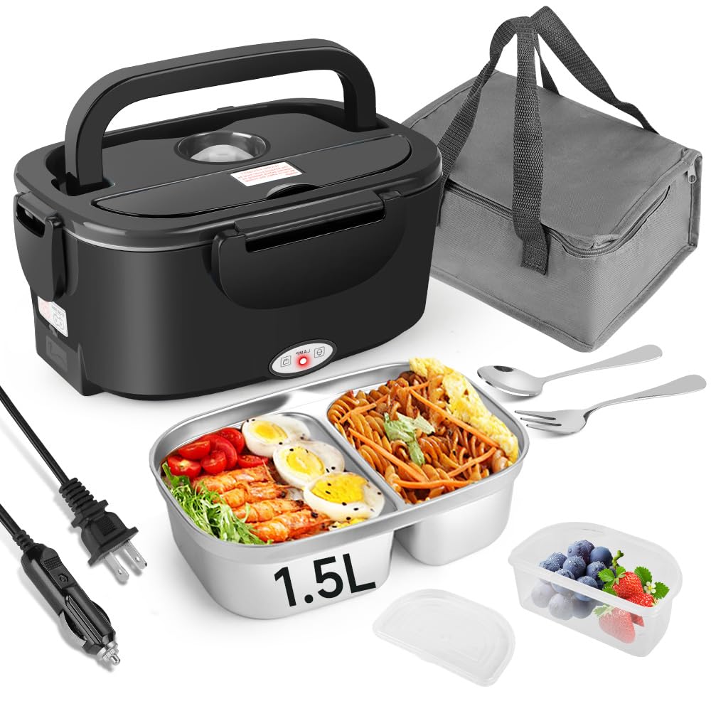 IXIIE Electric Lunch Box 80W for Adults, 1.5L Lunch Warmer with 2 Compartments for Truck/Car/Work, Fast Portable Heated Lunch Bo