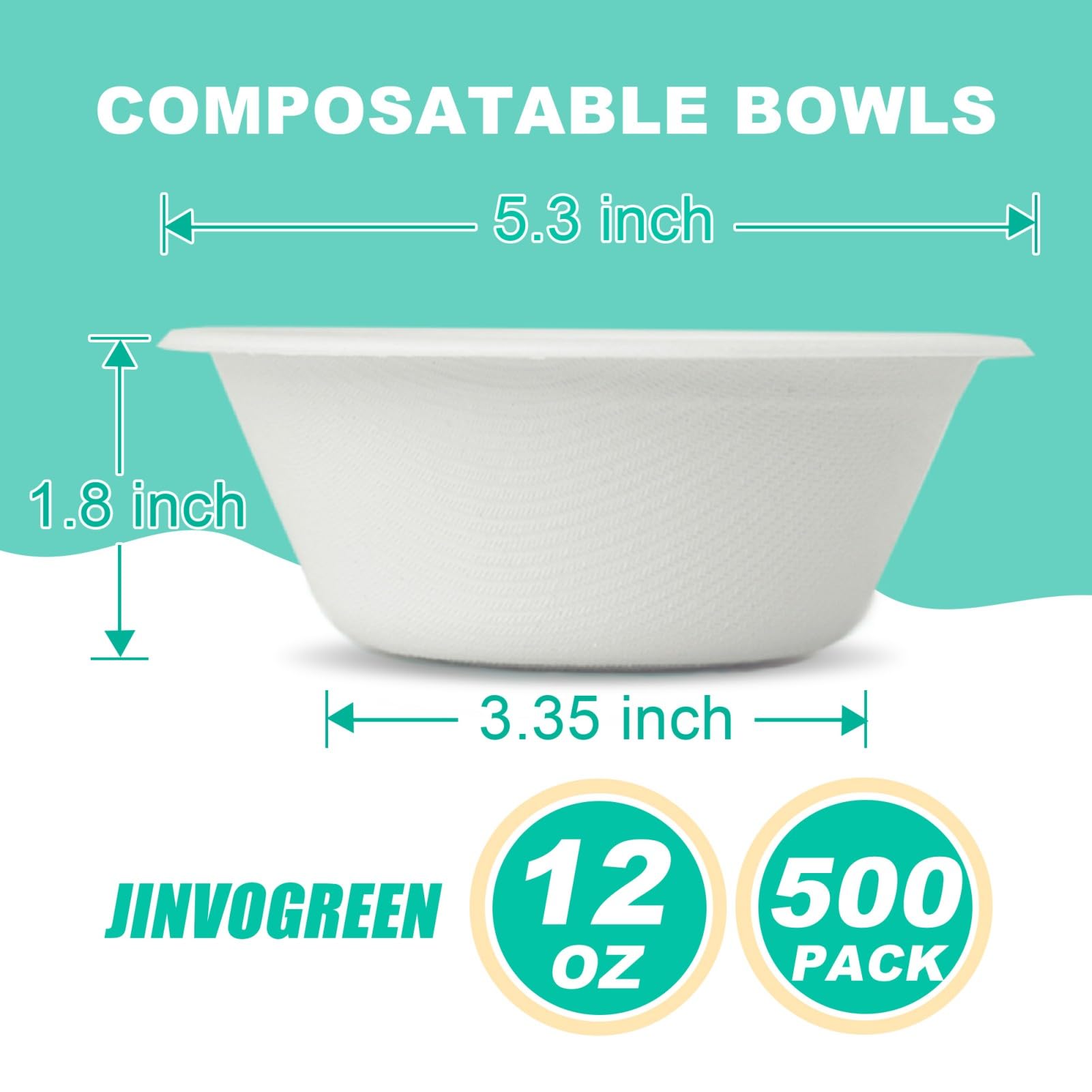 Jinvogreen 500 Count 12 Oz Paper Bowls, Disposable Compostable Bowls Bulk, Heavy Duty Biodegradable Bagasse Bowl For Snacks, Sou