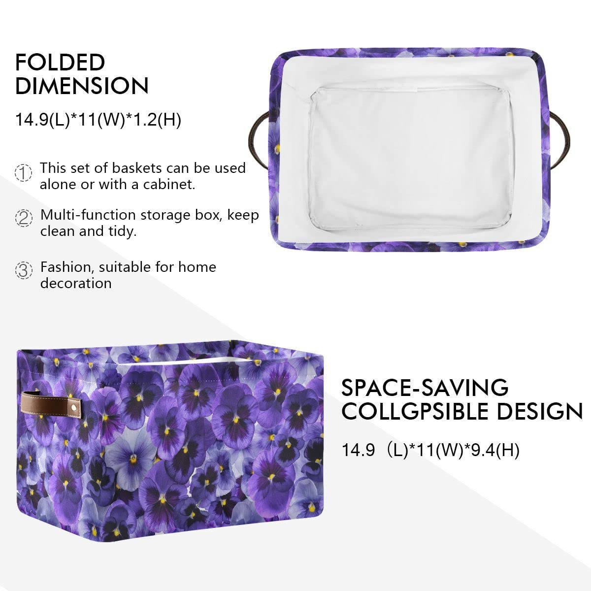 Xigua Purple Violet Flowers Storage Basket Collapsible Toy Storage Bins Waterproof Canvas Storage Basket With Leather Handles Fo