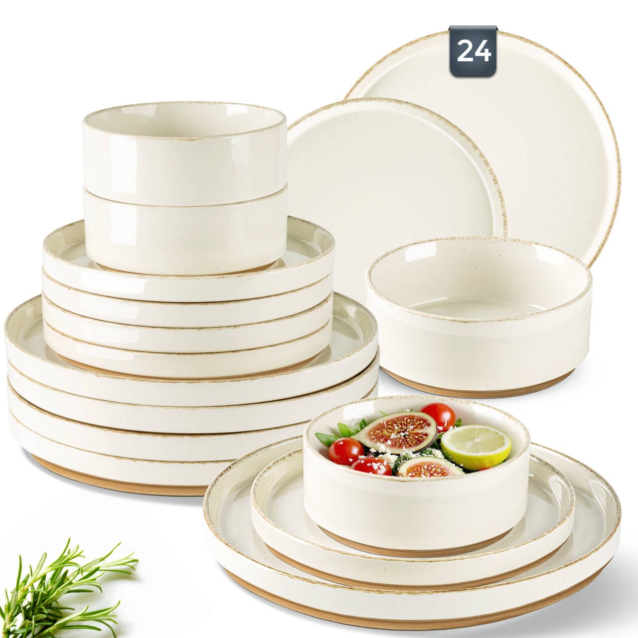 AmorArc Ceramic Dinnerware Set for 8 | Speckled Stoneware Plates and Bowls with Rustic Terracotta Underside| Scratch Resistant,D
