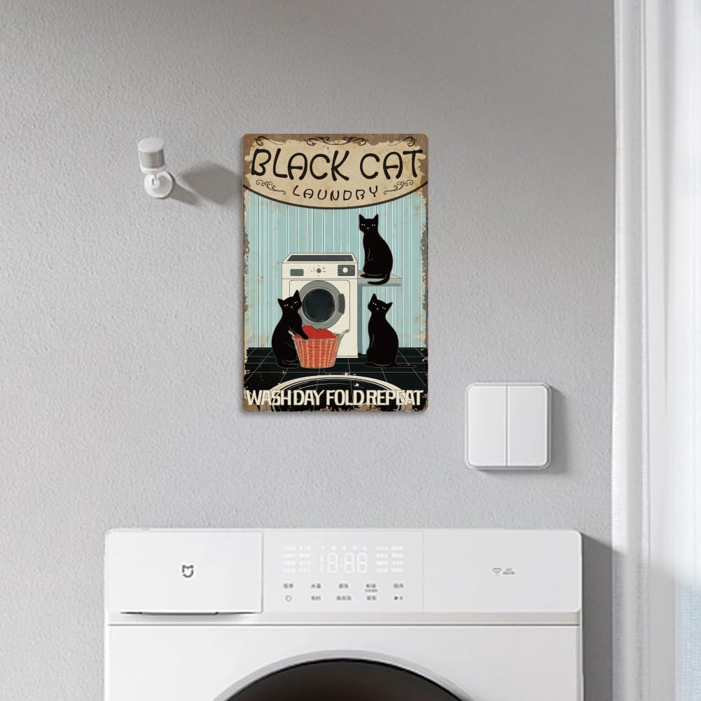 SUPERDANT Black Cat Metal Tin Sign Vintage Laundry Room Sign Washday Fold Retro Metal Poster Art Tin Sign Black Cat Washroom Dec