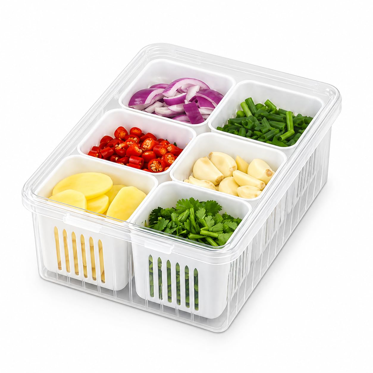 Vegetable Storage Container For Fridge (6 Grid Box), Fridge Organizer Box With Compartments,Container For Kitchen Storage Set, F