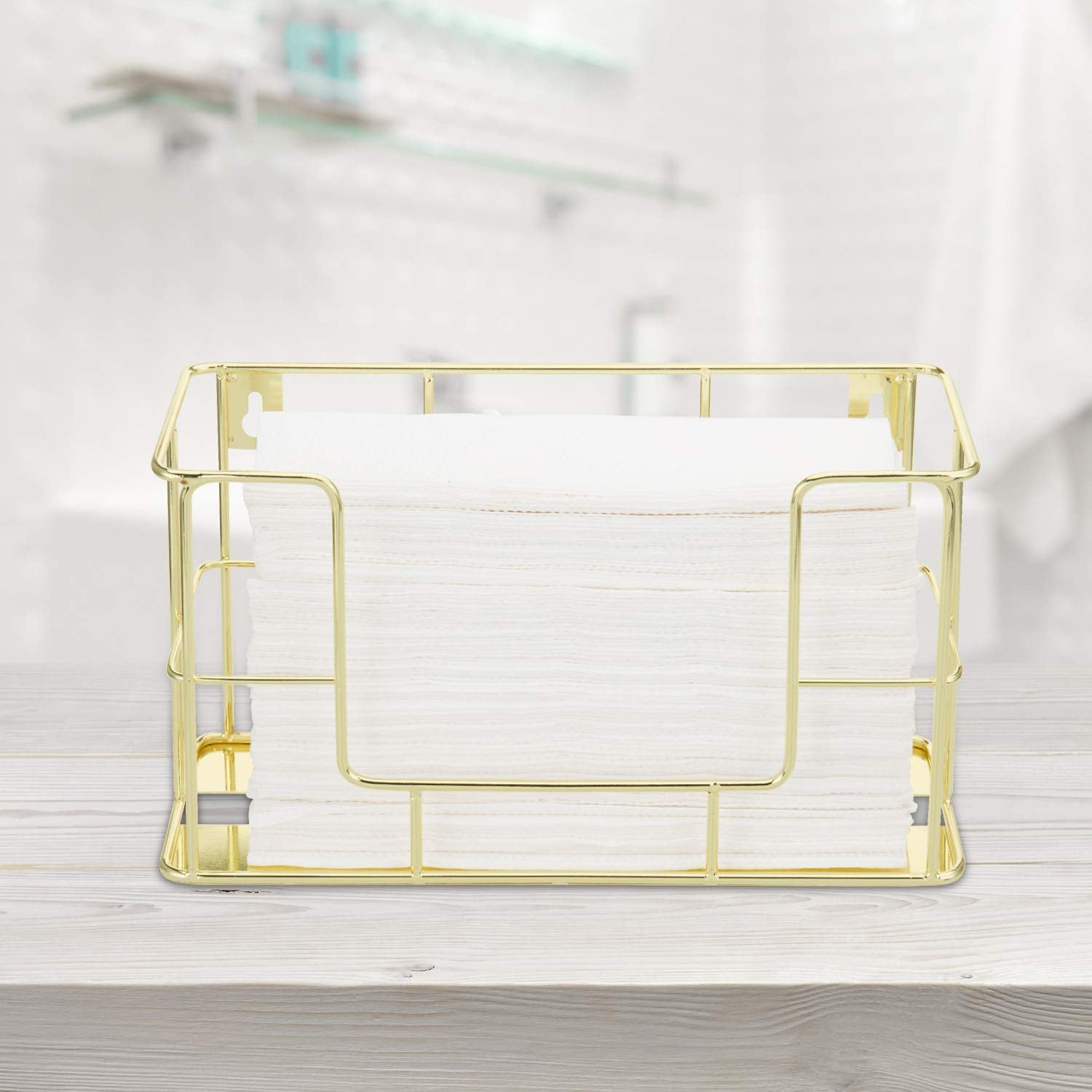 Mygift Modern Brass Tone Metal Wire Commercial Wall Mounted Or Tabletop Paper Folded Towel Holder Dispenser Rack