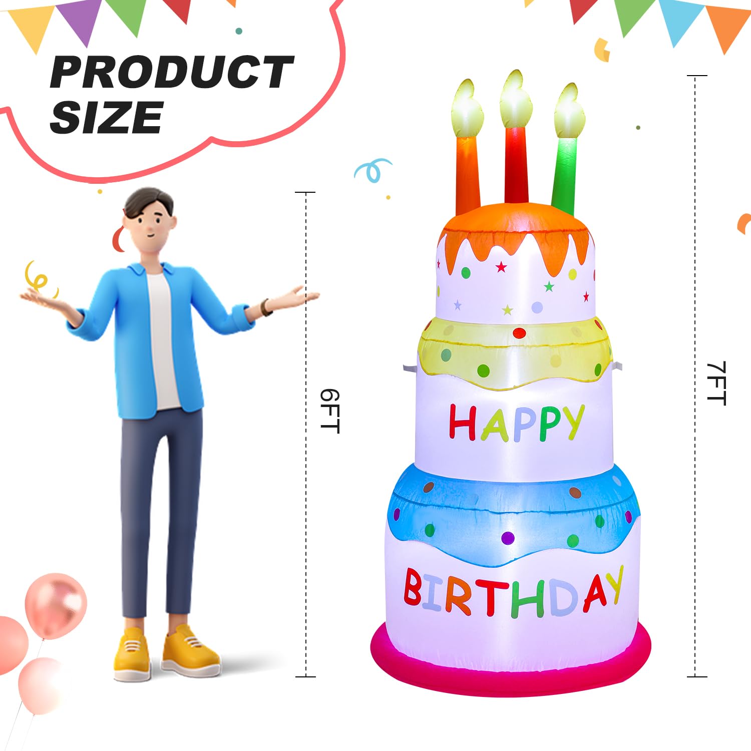 InfleasJoiy 6FT Happy Birthday Inflatable Cake with Candles, Built-in LED Lights, Suitable for Indoor Outdoor Yard Lawn Decorati