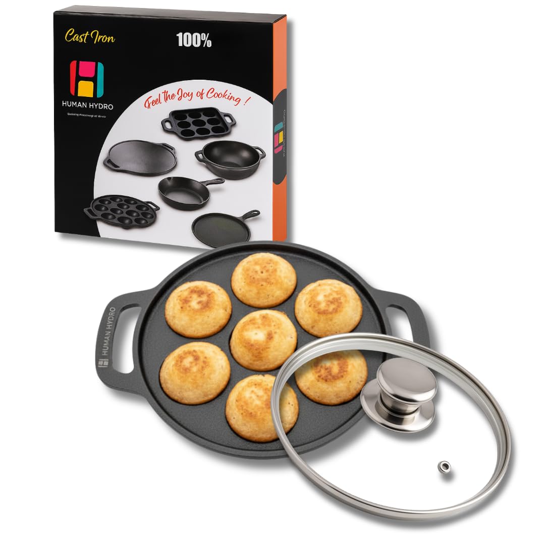 Human Hydro Pre-Seasoned Cast Iron Paniyaram Pan (7-Pit) With Lid | Naturally Nonstick, Induction & Gas Compatible | Heavy-Duty 