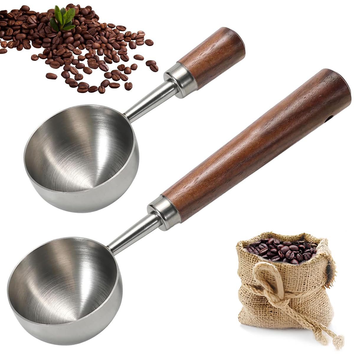 2 Pcs Coffee Scoop Vintage Coffee Measuring Spoon Stainless Steel Coffee Spoon With Nature Walnut Wood Handle Long Wooden Handle