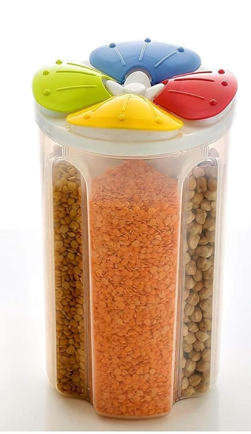 Earthaxo 4 Section 2500Ml Airtight Cereal Storage Container | Transparent Plastic Dispenser Jar For Grains, Pulses, Masala & Sna