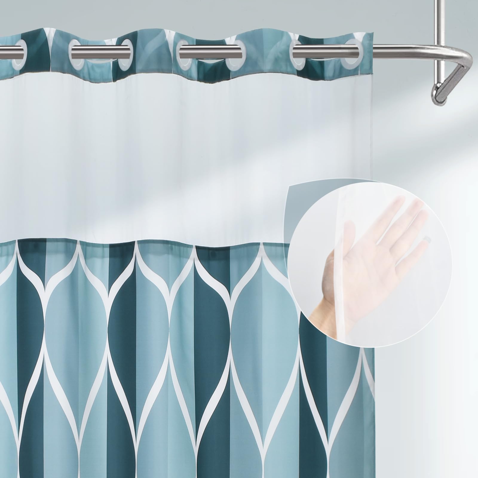 Yiatn No Hook Aegean Blue Long Shower Curtain With Snap In Fabric Liner Set - Hotel Style With See Through Mesh Top Window, Mode