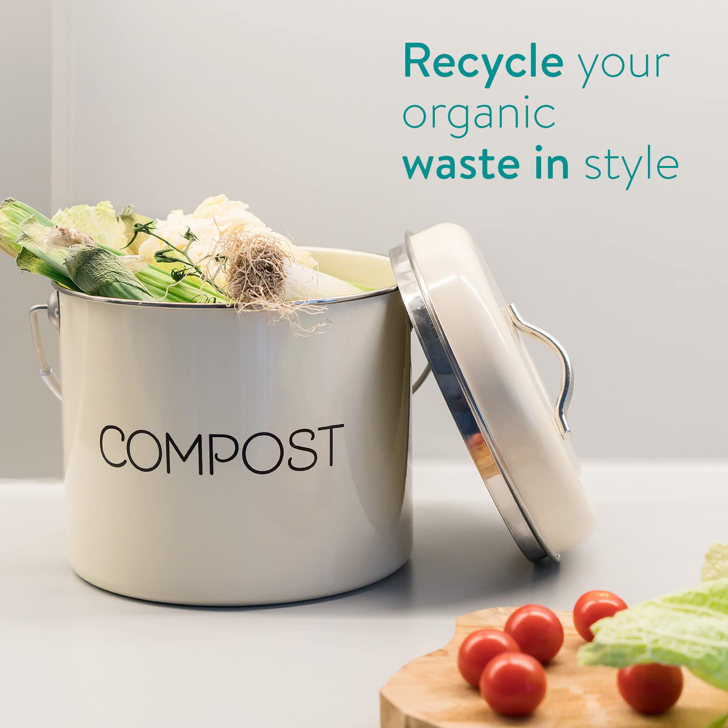Navaris Compost Bin For Kitchen Counter - 0.8 Gallon (3L) Metal Countertop Indoor Composter Bucket With Charcoal Filters And Lid