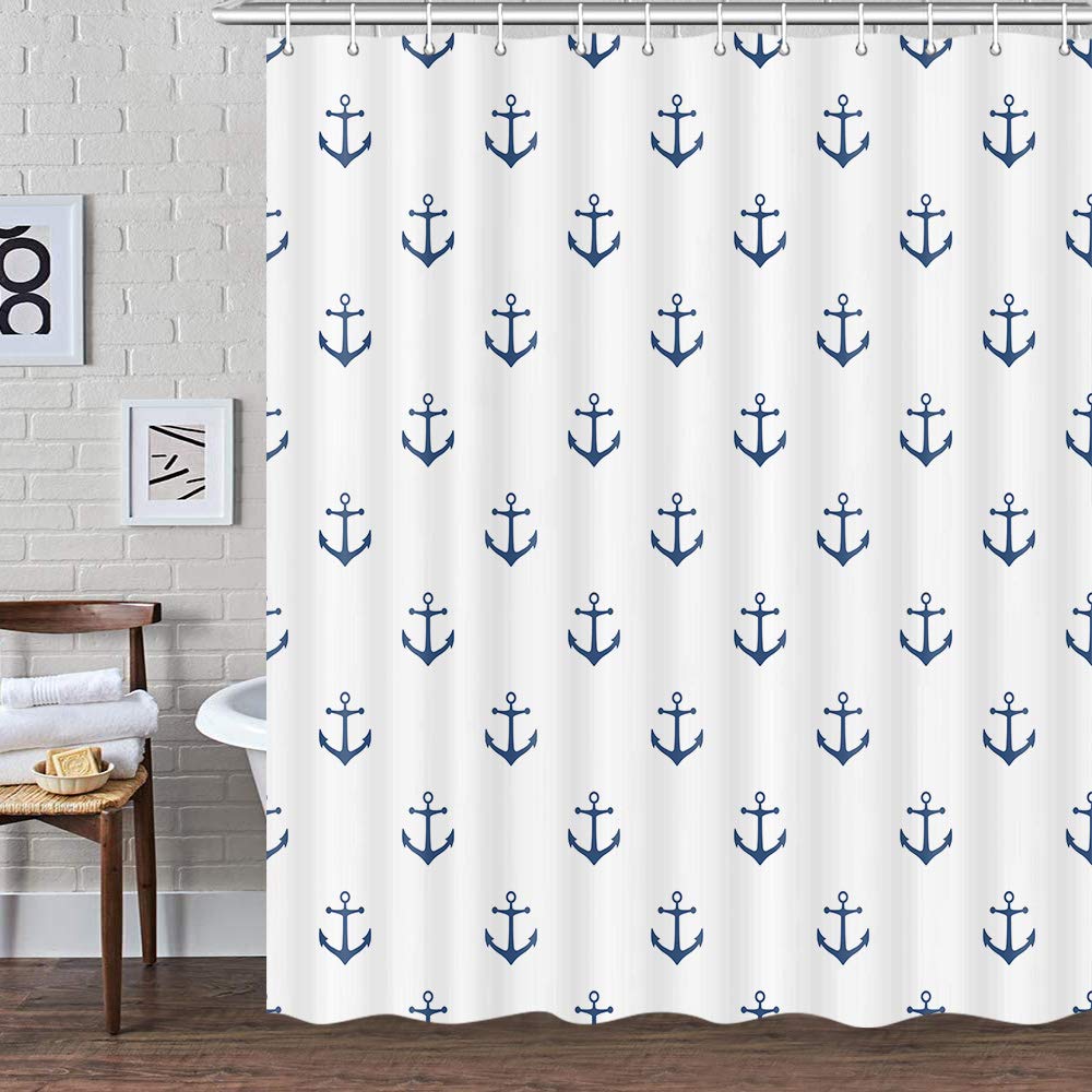 Dynh Nautical Anchor Shower Curtain For Bathroom, Navy Blue White Beach Coastal Beachy Fabric Shower Curtains Set Decorative, Oc